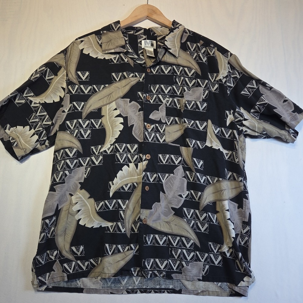 Modern Images XL 100% Silk Hawaiian Camp Shirt Black Beige Tropical Leaf Aloha
